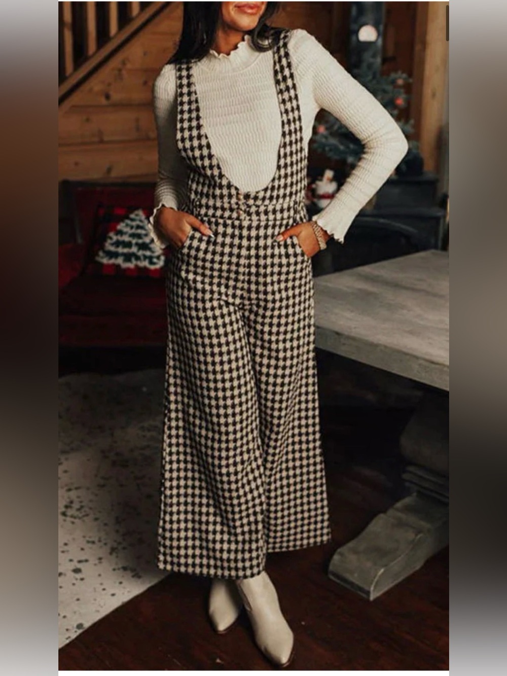 Storia Houndstooth Wide-Leg Suspender Jumpsuit - Black & Cream